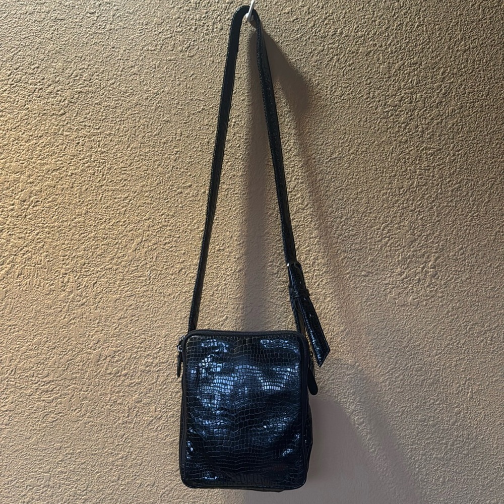 SAS Black Organizer Alligator Patent Leather Handbag Crossbody Purse USA